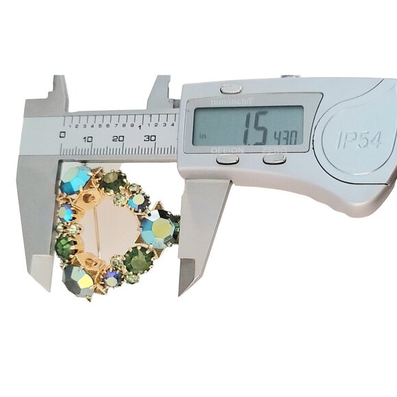 Signed Austria Gold Tone Blue Green Rhinestone Heart Brooch M469 - Picture 7 of 9